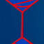 An abstract geometric painting featuring a minimalist red line design of a martini-like glass on a two-toned blue background; signed 'DARIN' in lower right.