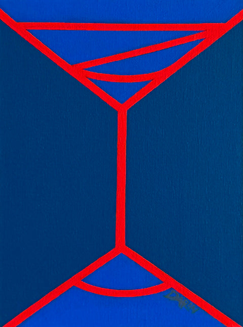 An abstract geometric painting featuring a minimalist red line design of a martini-like glass on a two-toned blue background; signed 'DARIN' in lower right.