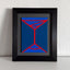 An abstract geometric painting featuring a minimalist red line design of a martini-like glass on a two-toned blue background; signed 'DARIN' in lower right; mounted on a gray mat and framed in black, atop a white shelf, against a white textured wall.