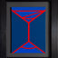An abstract geometric painting featuring a minimalist red line design of a martini-like glass on a two-toned blue background; signed 'DARIN' in lower right; mounted on a gray mat and framed in black.