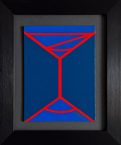An abstract geometric painting featuring a minimalist red line design of a martini-like glass on a two-toned blue background; signed 'DARIN' in lower right; mounted on a gray mat and framed in black.