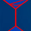 An abstract geometric painting featuring a minimalist red line design of a martini-like glass on a two-toned blue background; signed 'DARIN' in lower right.