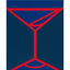 An abstract geometric painting featuring a minimalist red line design of a martini-like glass on a two-toned blue background; signed 'DARIN' in lower right, with a white border.