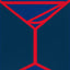 An abstract geometric painting featuring a minimalist red line design of a martini-like glass on a two-toned blue background; signed 'DARIN' in lower right.