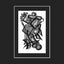 Black and white surreal pen‑and‑ink illustration with symbolic and geometric elements, featuring wheel-like forms, candles, a staircase, books, and home facades; mounted and matted in black.