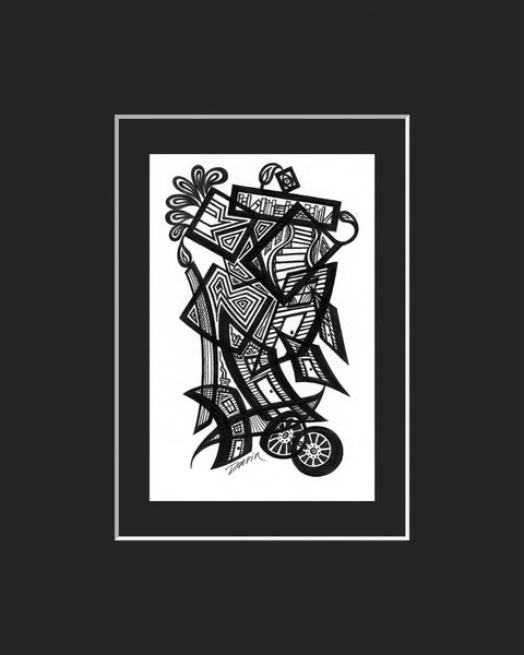 Black and white surreal pen‑and‑ink illustration with symbolic and geometric elements, featuring wheel-like forms, candles, a staircase, books, and home facades; mounted and matted in black.