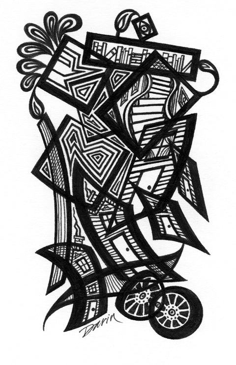Black and white surreal pen‑and‑ink illustration with symbolic and geometric elements, featuring wheel-like forms, candles, a staircase, books, and home facades.